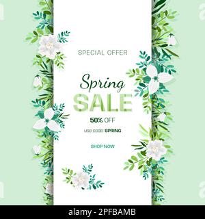 Bannervorlage für vertikale Frühlingsangebote mit Blumen. Stock Vektor