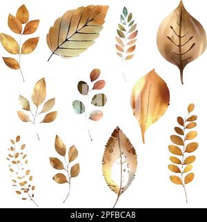 Vector Aquarell Zweige mit goldenen Blättern, für Hochzeitseinladungen, Grüße, Tapeten, Mode, Abzüge. Eukalyptus, olivgrüne Blätter. Stock Vektor