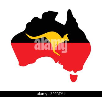 Australien vereinfachte Karte mit Flaggenelementen der Ureinwohner und Vektorsymbol für Känguru-Silhouetten auf weißem Hintergrund Stock Vektor