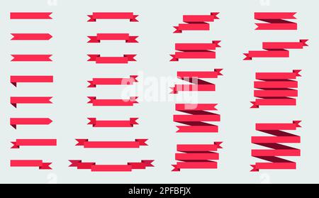 Ein Satz roter Bänder, Banner und Symbole, die auf einem hellen Hintergrund hervorgehoben sind. Stock Vektor