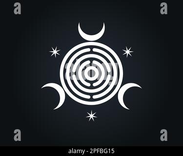 Heilige Geometrie, dreifache Göttin der Hexerei, spiritueller griechischer Roman. Wicca Sigil, mystisches Labyrinth, dreifacher Halbmond, weißes Logo-Design Stock Vektor