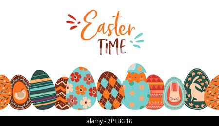 Happy Easter Time süßes Cartoon Webbanner Illustration von bunten pastellfarbenen Kanincheneiern. Frühlingssaison handgezeichnete Kritzeleien, Blumen, Häschen, Blätter, Stock Vektor