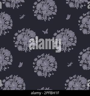 Blumen. Nahtloses Blumenmuster mit Gartenblumen und Schmetterlingen. Stock Vektor