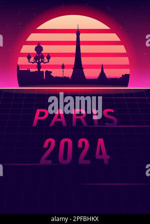 Silhouette von Paris 2024 mit Sonnenuntergang im Hintergrund. Vektordarstellung Stock Vektor
