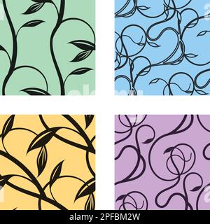 Eine Reihe von nahtlosen Klettermustern. Sammlung mit Naturhintergründen. Geschwungene Silhouette. Stoffdesign, Hintergrund. Vektordarstellung Stock Vektor