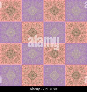 Kunstvoller Blumenhintergrund im Vintage-Stil. Nahtloses Muster mit Mandala-Ornamenten und Quadraten. Lila und pinkfarbene Farben. Traditionelles indisches, arabisches Motiv Stockfoto