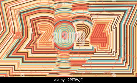 2024 Neujahrskarte. Retro-70s-Streifendesign. Alte, verblasste, gestreifte Schilder Stock Vektor