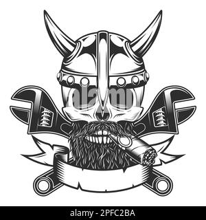 Schädel rauchen Zigarre oder Zigarette in Hörner viking Helm mit Schnurrbart und Bart mit Bauschraubenschlüssel für Sanitär- oder Mechanikschraubenschlüssel Reparaturwerkzeug Stock Vektor