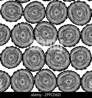 Baumringe sägen Baumstamm-Muster Hintergrund. Nahtlose Tapete mit Rissen und Baumringen Schwarzweiß-Dekorelement. Vektordarstellung Stock Vektor