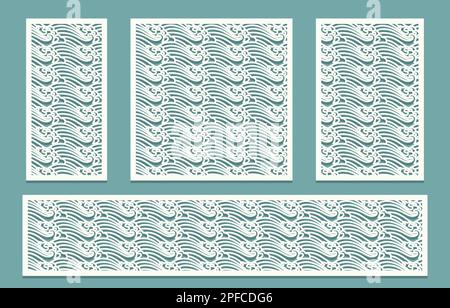 Lasergeschnittene Schablonenteile mit Ausschnitt-Silhouette und asiatischem Mustergitter im Sea Waves-Stil. Lasergeschnittene Schablone für Innenausstattung aus Holz, Metall und Acryl Stock Vektor