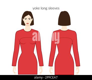 Passe Ärmel lange Kleidung Figur wunderschöne Dame in rotem Oberteil, Hemd, Kleid technische Mode Illustration mit passgenauem Body. Flache Bekleidungsvorlage vorne, hinten. Frauen, Männer, Unisex-CAD-Modell Stock Vektor