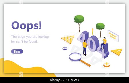 Designvorlage für Webseite mit Fehler 404. Isometrische Seite. Fehler „funktioniert nicht“ verloren nicht gefunden 404-Signaturproblem beim Landing des Vektorentwurfs Stock Vektor