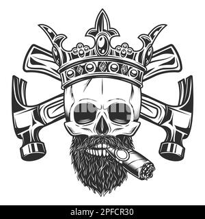 Schädel rauchende Zigarre oder Zigarette mit Schnurrbart und Bart und königlicher Kronenbauer kreuzte Hämmer aus der Baubranche in monochromen Vintage Stock Vektor