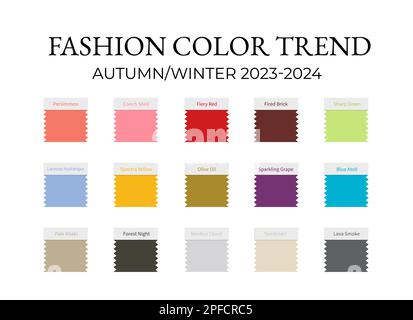 Mode Color Trend Herbst - Winter 2023 - 2024. Trendige Farbpalette. Stoffmuster mit Farbnamen. Vektorvorlage für Ihr kreatives Desi Stock Vektor