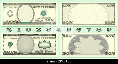 Geschenkgutschein- oder Gutschein-Design-Vorlagenset. Banknotenwechsel mit Skonto in Prozent. Geeignet für Rabattkarten, Prospekte, Coupons, Flyer, Banner. Isol Stock Vektor