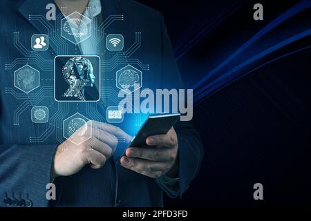 KI, Chat bot und zukünftiges Marketingkonzept, Handyhalter mit KI-Infografik Stockfoto