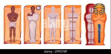 Karikatur-Set von Mumifizierungsprozessschritten isoliert auf weißem Hintergrund. Vektordarstellung eines toten Mannes, einbalsamiert im alten goldenen Sarkophag. Stock Vektor