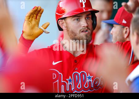 16. MÄRZ 2023, Lakeland FL USA; während eines MLB-Frühjahrstrainings am Publix Field im Joker Marchant Stadium. Die Phillies schlugen die Tiger 10-1. (Ki Stockfoto