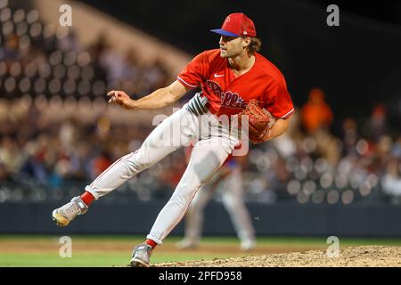 16. MÄRZ 2023, Lakeland FL USA; während eines MLB-Frühjahrstrainings am Publix Field im Joker Marchant Stadium. Die Phillies schlugen die Tiger 10-1. (Ki Stockfoto