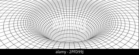 Schwarzes Loch, Wurmlochraster. Drahtmodell von Raumwarp, Tunnel oder Portal. Abstrakter geometrischer Hintergrund von optischer Täuschung, Wirbel oder Trichter, Vektor Stock Vektor