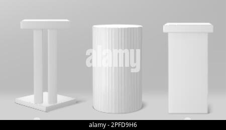 Weißes 3D-Vektorpfosten-Podium. Zylinder und quadratische Säulenplattform für die Produktpräsentation. Realistische, leere Ausstellungsbühne im Museum zur Präsentation. Stock Vektor