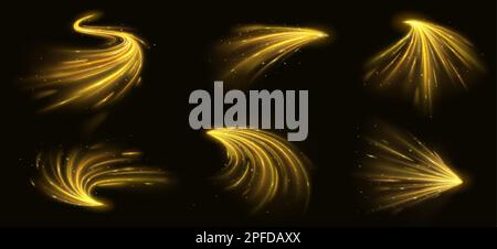 Realistischer Satz gelber Lichteffekte mit langer Belichtung, isoliert auf transparentem Hintergrund. Vektordarstellung eines Feuerwerks mit goldenen Sparkles, Magie Stock Vektor