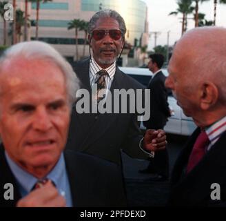 Actor Morgan Freeman is flanked by co-producers Richard D. Zanuck, left, and David Brown at the world premiere of their film 'Deep Impact' Wednesday, April 29, 1998, in Los Angeles. (AP Photo/John Hayes)