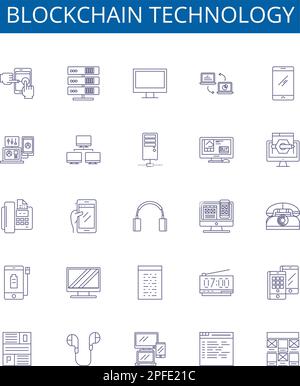 Blockchain-Technologie Linienzeichen gesetzt. Design-Sammlung von Blockchain, Technologie, dezentralisiert, Ledger, Kryptografie, Kryptowährung Stock Vektor