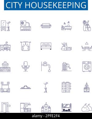 Symbole für die Stadtverwaltung sind eingerichtet. Design-Sammlung von Urban, Cleaning, Services, Housework, Dwelling, Anwohner, Staub abstauben, Umrisse kehren Stock Vektor