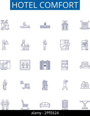 Hotel Comfort Line Icons Schilder eingerichtet. Design-Sammlung von Bequemlichkeit, Komfort, Luxus, Unterkunft, Behaglichkeit, Gemütliches, tröstliches, komfortables Design Stock Vektor