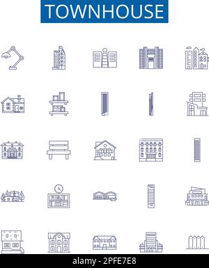 Townhouse Line Icons Schilder gesetzt. Design-Sammlung von Townhouse, Townhouse, Rowhouse, Villa, Cottage, Bungalow, Duplex, Condo Umriss Konzept Vektor Stock Vektor