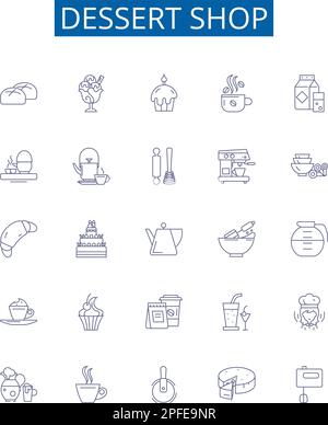 Dessertshop-Line-Icons-Schilder sind eingerichtet. Design-Sammlung von Dessert, Geschäft, Bäckerei, Gebäck, Süßwaren, Eiscreme, Sorbet, Salon-Konturvektor Stock Vektor