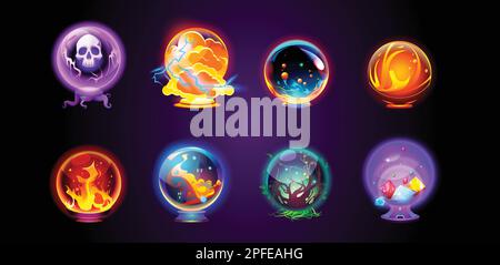 Magische Kristallkugeln, Energiekugeln auf Ständen. SpieleIkonen von Fantasy-Wahrsager oder Zauberer-Kristallkugeln mit Glanz, Feuer, Blitz, grünem Baum, Edelsteinen und Schädel, vektor-Cartoon-Illustration Stock Vektor