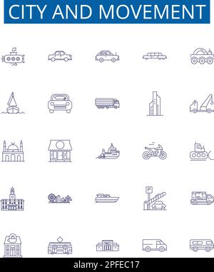 Symbole für Stadt und Bewegungslinie sind eingerichtet. Designkollektion von Stadt, Bewegung, Transport, Stadt, Fußgänger, Konzeptvektor für Fahrrad, Auto, Bus Stock Vektor