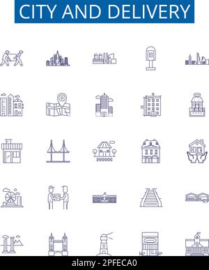 Symbole für Stadt- und Lieferposition sind eingerichtet. Design-Sammlung von Stadt, Zustellung, Stadt, Lokal, Post, Expressversand, Logistik, Konzipierungsvektor Stock Vektor