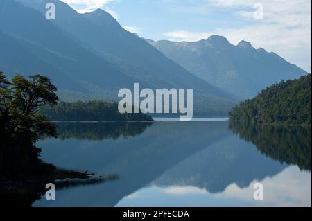 Lake Correntoso früh am Morgen aus Sicht der Seven Lakes Road, Ruta 40, Neuquén, Argentinien Stockfoto