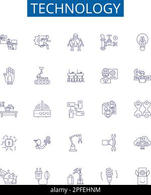 Symbole der Technologielinie Zeichen gesetzt. Design-Sammlung von Technik, Gadget, Elektronik, Netzwerk, Software, Konzeptvektor für Programm-, KI-, Maschinenkontur Stock Vektor