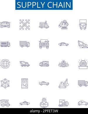 Symbole für Lieferketten-Linien festgelegt. Entwurfssammlung von Logistik, Versorgung, Distribution, Beschaffung, Fluss, Management, Fertigung, Lieferung Stock Vektor