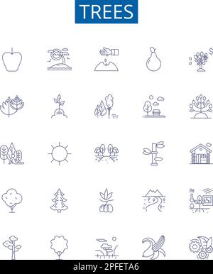 Symbole für Baumlinien sind eingestellt. Designkollektion aus Baum, Nadelholz, Holz, Kiefer, Eiche, Maple-, Palm-, Cedar-Kontur-Vektordarstellungen Stock Vektor
