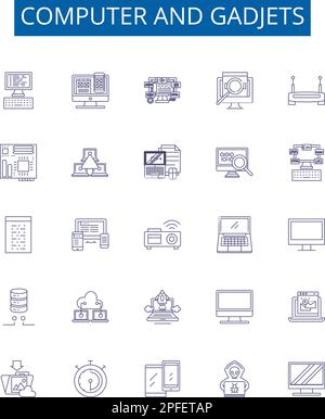 Symbole für Computer- und Gadjets-Linien sind eingestellt. Design-Sammlung von Hardware, Software, Netzwerken, Laptops, Monitoren, Drucker, Scanner, Router Stock Vektor