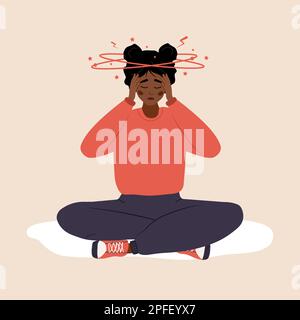 Eisenmangelanämie. Traurige afrikanische Frau mit Schwindel, die auf dem Boden sitzt. Unglückliches Mädchen leidet an Schwindel und Kopfschmerzen und braucht medizinische Hilfe. Niedrig Stock Vektor