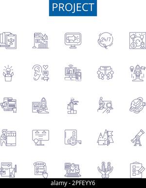 Symbole für Projektlinien - Zeichen eingestellt. Entwurfssammlung von Entwicklung, Planung, Management, Konstruktion, Planung, Implementierungs-, Entwurfs- und Bereitstellungsrahmen Stock Vektor