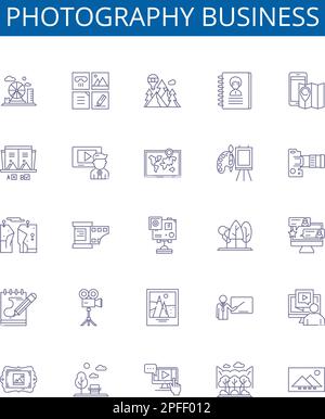 Symbole der Geschäftsbereiche Fotografie sind eingerichtet. Design-Sammlung von Fotografie, Business, Marketing, Aufnahme, Studio, Bearbeitung, Dienste, Bildkontur Stock Vektor