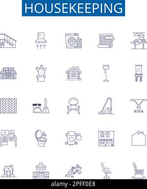 Symbole für Haushaltsführung Zeichen eingestellt. Design Sammlung von Reinigung, Wartung, Desinfektion, Staubwischen, Aufräumen, Staubsaugen, Wischen, Hygiene Stock Vektor