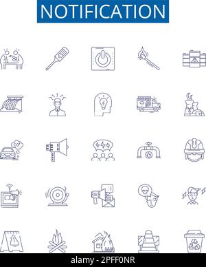 Symbole der Benachrichtigungszeile sind festgelegt. Design Collection von Alert, Reminder, Signal, Warning, Notice, Konzeptvektor „Broadcast“, „Promotion“, „Report Outline“ Stock Vektor