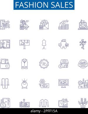Symbole für Modeverkäufe sind eingerichtet. Design Kollektion von Bekleidung, Schuhen, Bekleidung, Accessoires, Boutique, Grundkonzept Geschäft, Einzelhandel, Bekleidung Stock Vektor