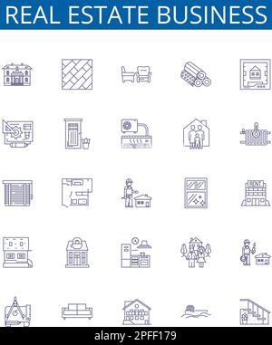 Symbole der Geschäftsbereiche Immobilien sind eingerichtet. Designsammlung von Eigentum, Investition, Maklerei, Leasing, Vermieter, Miete, Makler, Hypothekenübersicht Stock Vektor