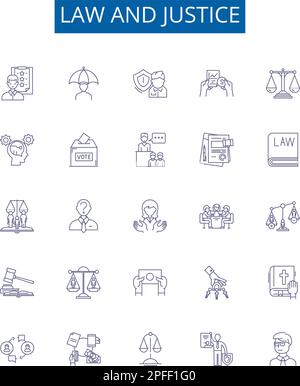 Symbole für Recht und Gerechtigkeit sind gesetzt. Design Sammlung von Recht, Justiz, Jurisprudenz, Gesetzgebung, Recht, Gesetzlich, Präzedenzfall, Rechtschaffenheit Stock Vektor