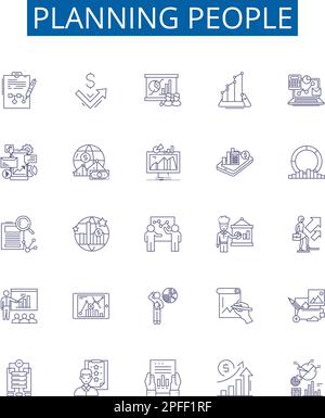 Liniensymbole für Planning People (Planer) sind eingerichtet. Entwurfssammlung von Planung, Organisation, Planung, Zuteilung, Strategieplanung, Überwachen, Delegieren Stock Vektor