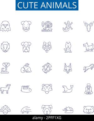 Niedliche Tierlinien Symbole Zeichen Set. Design-Kollektion aus Fell, Kätzchen, Welpen, Fluffy, Hündchen, Knuddle, Bär, Bunny Kontur Konzept-Vektordarstellungen Stock Vektor